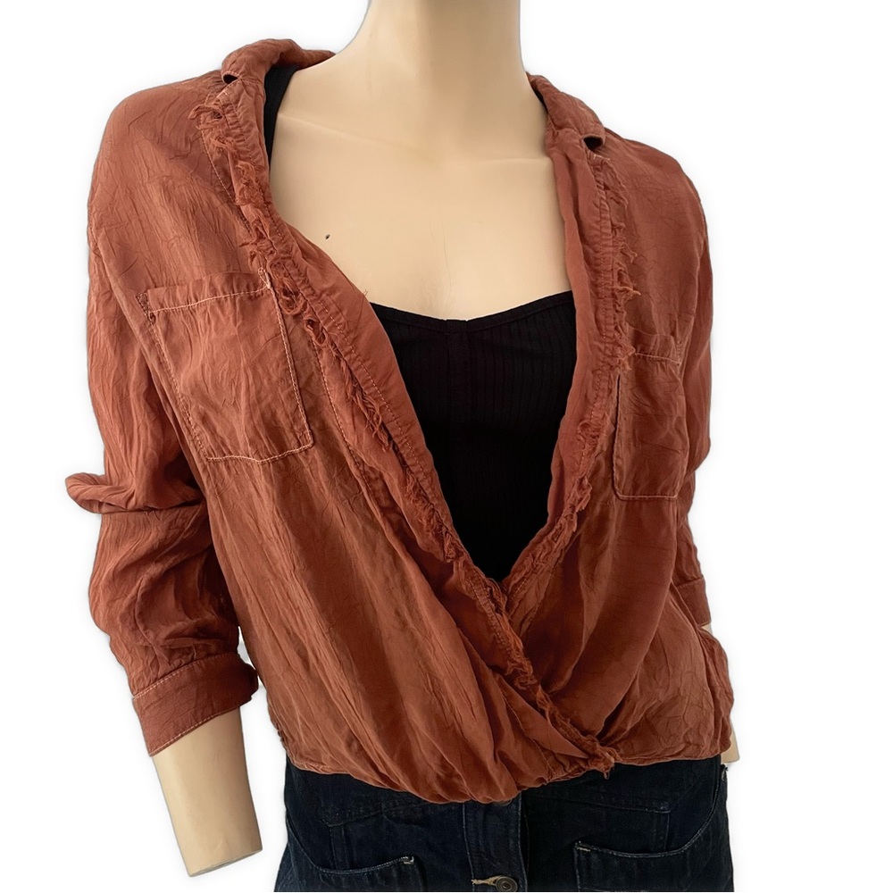 Maven West- Silky Rusty Brown Wrap Blouse with pockets- L